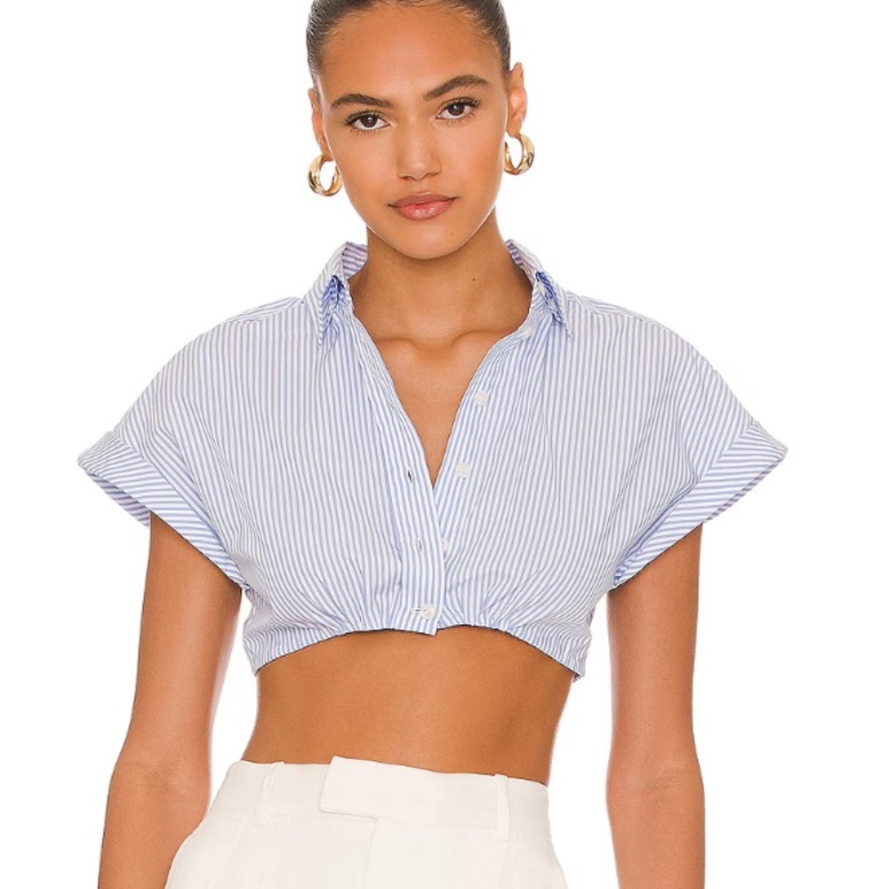 REVOLVE L'Academie Bryn Button Down Crop Top in Blue & White Stripe